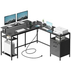 superjare reversible computer desk with power outlets & file cabinet, l shaped desk with monitor stand & storage shelves, corner desk home office desk, black