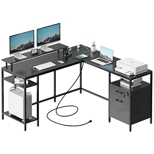 SUPERJARE Reversible Computer Desk with Power Outlets & File Cabinet, L Shaped Desk with Monitor Stand & Storage Shelves, Corner Desk Home Office Desk, Black