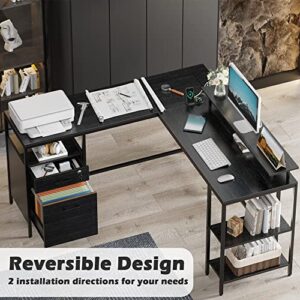 SUPERJARE Reversible Computer Desk with Power Outlets & File Cabinet, L Shaped Desk with Monitor Stand & Storage Shelves, Corner Desk Home Office Desk, Black