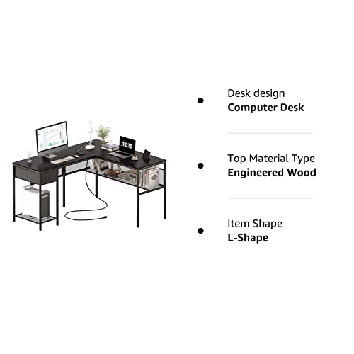 SUPERJARE L Shaped Desk with Power Outlets, Computer Desk with Drawer, Reversible Corner Desk with Grid Storage Bookshelf, Home Office Desk, Black