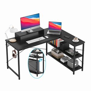 47 inch l shaped computer desk with storage shelves, heavy duty home office desks with monitor stand, corner desk for small space bedroom, study writing workstation pc table, easy to assemble, black