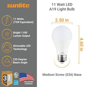 Sunlite 80881-SU LED A19 Standard Light Bulb, 11 Watts (75W Equivalent), 1100 Lumens, Medium Base (E26), Dimmable, UL Listed, Energy Star, 5000K Daylight, 1 Count