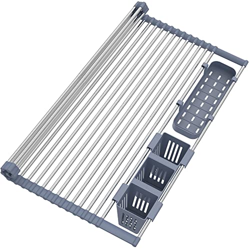 Extra Large Expandable Roll Up Dish Drying Rack Up to 25.1''with 2 Storage Baskets,Over The Sink Kitchen Rolling up Dishes Drainer, Foldable,Rollable for Fruits