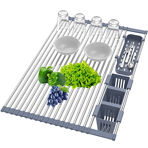 Extra Large Expandable Roll Up Dish Drying Rack Up to 25.1''with 2 Storage Baskets,Over The Sink Kitchen Rolling up Dishes Drainer, Foldable,Rollable for Fruits