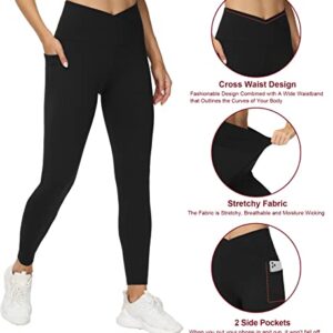 THE GYM PEOPLE Women's V Cross Waist Workout Leggings Tummy Control Running Yoga Pants with Pockets(Black, Medium)