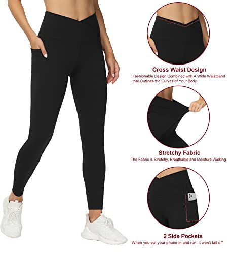 THE GYM PEOPLE Women's V Cross Waist Workout Leggings Tummy Control Running Yoga Pants with Pockets(Black, Medium)