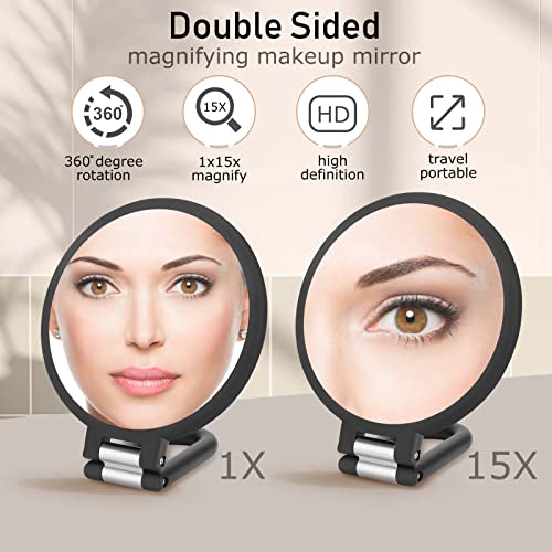 CLSEVXY Magnifying Handheld Mirror Double Sided, 1X 15X Magnification Hand Mirror, Travel Folding Held Adjustable Rotation Pedestal Makeup Desk Vanity