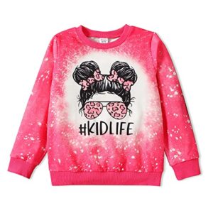 patpat kid girl's outfits cartoon tie dyed/leopard print pullover sweatshirt long sleeve shirt, hot pink, 7-8 years