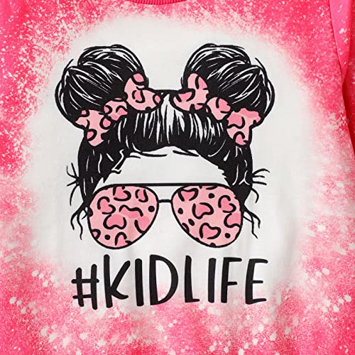 PATPAT Kid Girl's Outfits Cartoon Tie Dyed/Leopard Print Pullover Sweatshirt Long Sleeve Shirt, Hot Pink, 7-8 Years