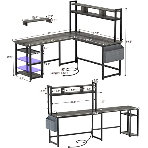 Aheaplus L Shaped Desk with Power Outlet & LED Strip, Reversible L-Shaped Corner Computer Desks Gaming Desk with Storage Shelf & Monitor Stand, Modern 2 Person Home Office Desk Writing Desk, Grey Oak