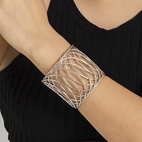 Kercisbeauty Cyberpunk Silver Cuff Bangle Bracelet Open Wide Wire One Size Wristband Hand Chain for Women Girls (Silver)