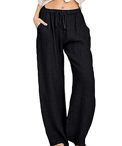 utcoco Women's Cotton Linen Drawstring High Waisted Pants Casual Loose Fit Wide Leg Trousers (L, Black)