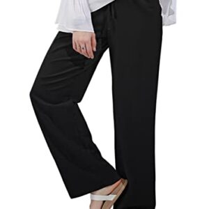 utcoco Women's Cotton Linen Drawstring High Waisted Pants Casual Loose Fit Wide Leg Trousers (L, Black)