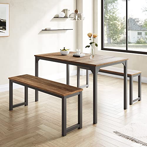 IMUsee 45" Dining Table Set for 4, 3-Pieces Kitchen & Dining Room Sets with Benches, Metal Frame and Wood Board, Sturdy Structure, Easy Assembly, Small Space Dinette, Brown & Grey