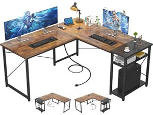 ecoprsio l-shaped desk with power station and usb, large l shaped gaming desk with storage shelves industrial corner desk writing study table for home office gaming workstation, rustic brown and black