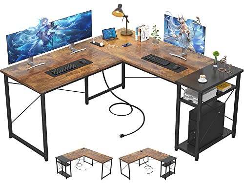 Ecoprsio L-Shaped Desk with Power Station and USB, Large L Shaped Gaming Desk with Storage Shelves Industrial Corner Desk Writing Study Table for Home Office Gaming Workstation, Rustic Brown and Black