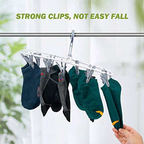 Clothes Drying Hanger with 12 Clips, 2 Pack Small Folding Portable Hanging Drying Rack,Drip Foldable Hanging Rack, 360° Rotatable Hook for Drying Towels Bras Baby Clothes Gloves Plastic