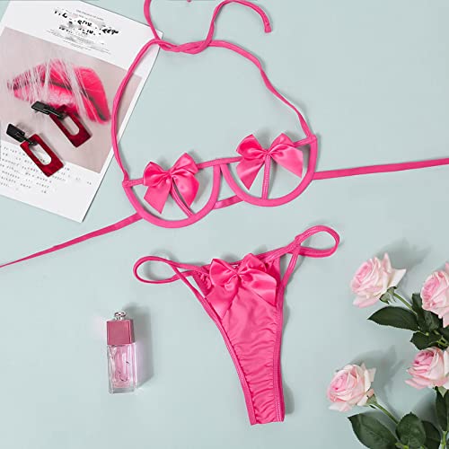 Sexy Lingerie for Women See-Through Bow Straps Bra Sets G-String Panty Sex Stuff for Couple for Naughty Play Babydoll Hot Pink