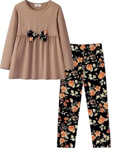 yekaty little girls clothing set kids soft crewneck long sleeve outfits with bowknot khaki tops+floral loose pants sets