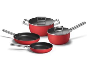 made in italy smeg 6 pc cookware set, red, 9'5" frypan, 3 qt sauce pan 11" frypan, 5 qt casserole pan
