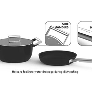 SMEG 8 PC Non Stick Cookware Set Black, 3 QT Sauce pan w/lid, 4 QT Deep Pan, 9.5" Fry Pan, 11" Fry Pan, 5 Qt Casserole