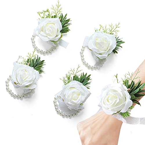 Garisey 4pcs Wedding White Rose Wrist Flowers Artificial Rose Flowers for Ceremony Prom Party Accessories (4 Wrist Corsage White)