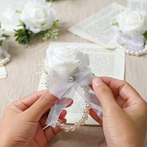 Garisey 4pcs Wedding White Rose Wrist Flowers Artificial Rose Flowers for Ceremony Prom Party Accessories (4 Wrist Corsage White)