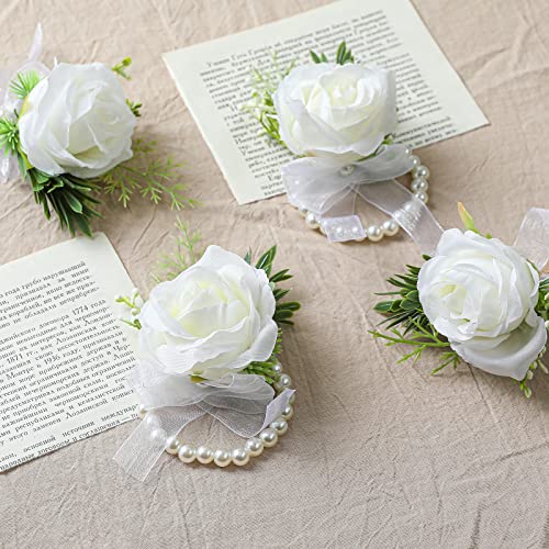 Garisey 4pcs Wedding White Rose Wrist Flowers Artificial Rose Flowers for Ceremony Prom Party Accessories (4 Wrist Corsage White)