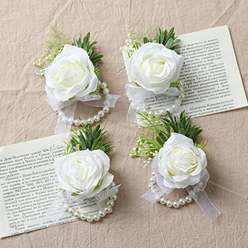 Garisey 4pcs Wedding White Rose Wrist Flowers Artificial Rose Flowers for Ceremony Prom Party Accessories (4 Wrist Corsage White)