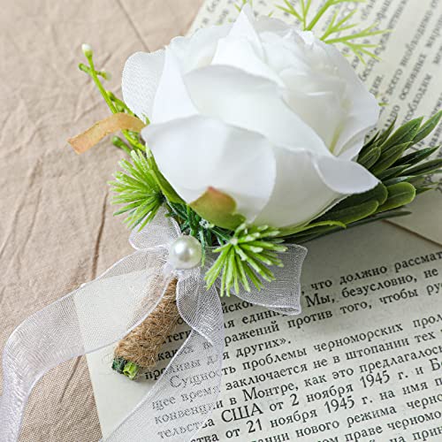 Garisey 4pcs Wedding White Rose Wrist Flowers Artificial Rose Flowers for Ceremony Prom Party Accessories (4 Wrist Corsage White)