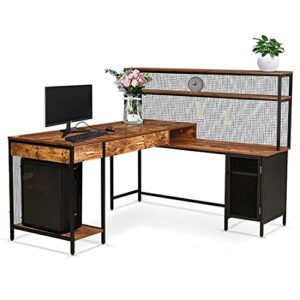 heao l-shaped desk with 2 drawers and cabinet, industrial style home office desk w/storage shelves,corner desk double computer table space-saving (light brown)