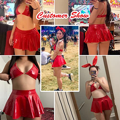 Avidlove Cosplay Lingerie for Women Sexy Bunny Costume Latex 4pack Ring Chain Linked Cut-out Halloween Outfit Set(Red,XL)