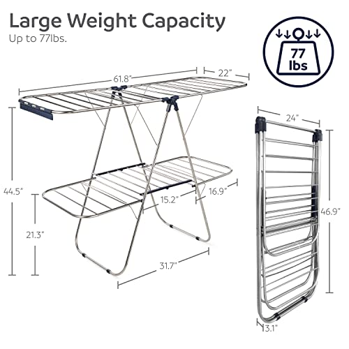 Foldable Premium Clothes Drying Rack, Large 2- Layer Stainless Steel Drying Rack for Sheets, Towels & Clothing Including 33 Hanging Rails, Height Adjustable and 32 Clips for Socks & Underwear - Blue