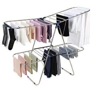 foldable premium clothes drying rack, large 2- layer stainless steel drying rack for sheets, towels & clothing including 33 hanging rails, height adjustable and 32 clips for socks & underwear - blue
