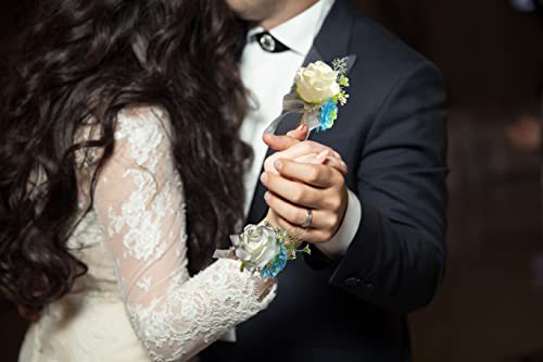 Wrist Corsage Set 2 for Wedding, Ivory and Dusty Blue Rose Corsage Bracelet for Anniversary, Formal Dinner Party and French Fall Vintage Wedding, Prom Flower