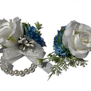 Wrist Corsage Set 2 for Wedding, Ivory and Dusty Blue Rose Corsage Bracelet for Anniversary, Formal Dinner Party and French Fall Vintage Wedding, Prom Flower