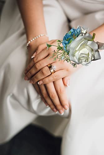 Wrist Corsage Set 2 for Wedding, Ivory and Dusty Blue Rose Corsage Bracelet for Anniversary, Formal Dinner Party and French Fall Vintage Wedding, Prom Flower