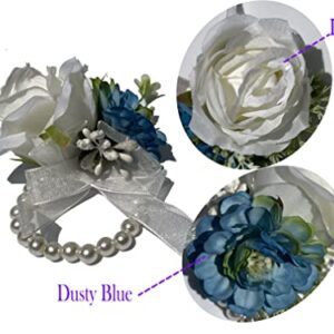 Wrist Corsage Set 2 for Wedding, Ivory and Dusty Blue Rose Corsage Bracelet for Anniversary, Formal Dinner Party and French Fall Vintage Wedding, Prom Flower