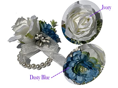 Wrist Corsage Set 2 for Wedding, Ivory and Dusty Blue Rose Corsage Bracelet for Anniversary, Formal Dinner Party and French Fall Vintage Wedding, Prom Flower