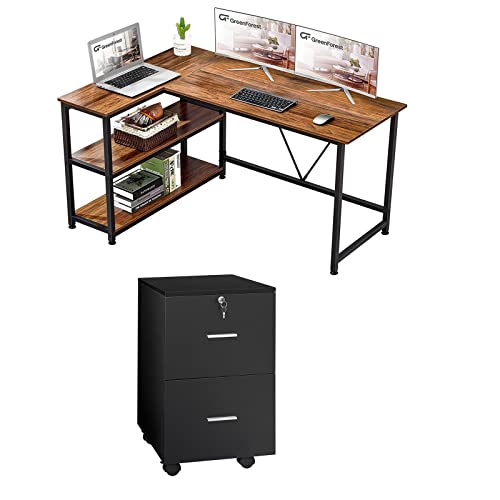 GreenForest Large L Shaped Desk 55x39.4 inch Reversible Corner Gaming Computer Desk and File Cabinet 2 Drawers Wooden Vertical Filing Cabinet with Lock