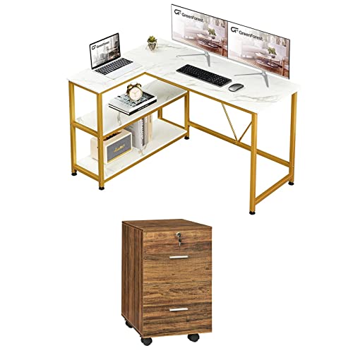 GreenForest L Shaped Desk 47 inch Small Size Corner Desk with Storage Shelf and File Cabinet 2 Drawers Wooden Vertical Filing Cabinet with Lock