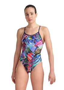 arena women's standard swimsuit lace back allover, navy-multi, 38