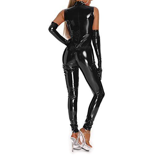 YiZYiF Latex Catsuit, Faux Leather Jumpsuits for Women Wetlook PVC Bodysuit Sexy Bodycon Clubwear Black X-Large