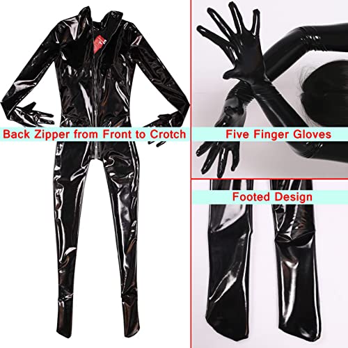 LESOYA Women's Sexy Shiny Wetlook PVC Leather Jumpsuit Zipper Crotch Bodysuit Catsuit with Gloves Clubwear