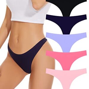 Sunm Boutique 5 Pack Seamless Thongs for Women No Show Thongs Nylon Stretch Thong Panties Underwear S-XL