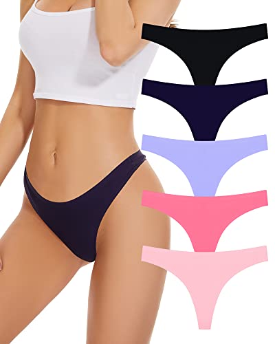 Sunm Boutique 5 Pack Seamless Thongs for Women No Show Thongs Nylon Stretch Thong Panties Underwear S-XL