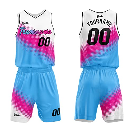 Custom Basketball Jersey uniform Suit for man women Adults Kids Personalized Jersey (White-Hot Pink-Light Blue)