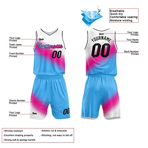 Custom Basketball Jersey uniform Suit for man women Adults Kids Personalized Jersey (White-Hot Pink-Light Blue)