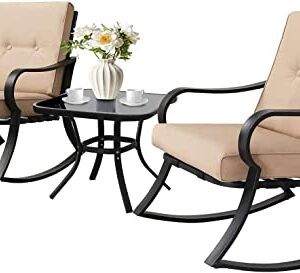 SUNCROWN Outdoor 3-Piece Rocking Chairs Patio Bistro Set Black Steel Furniture with Thickened Cushion and Glass-Top Coffee Table, Brown