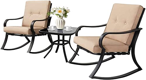 SUNCROWN Outdoor 3-Piece Rocking Chairs Patio Bistro Set Black Steel Furniture with Thickened Cushion and Glass-Top Coffee Table, Brown